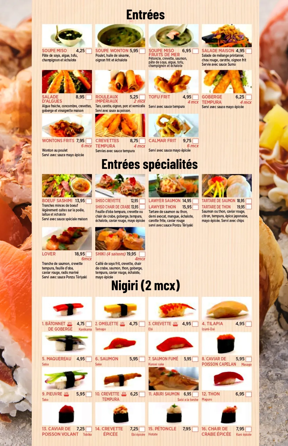 Menu de sushis Mitosumo — première page