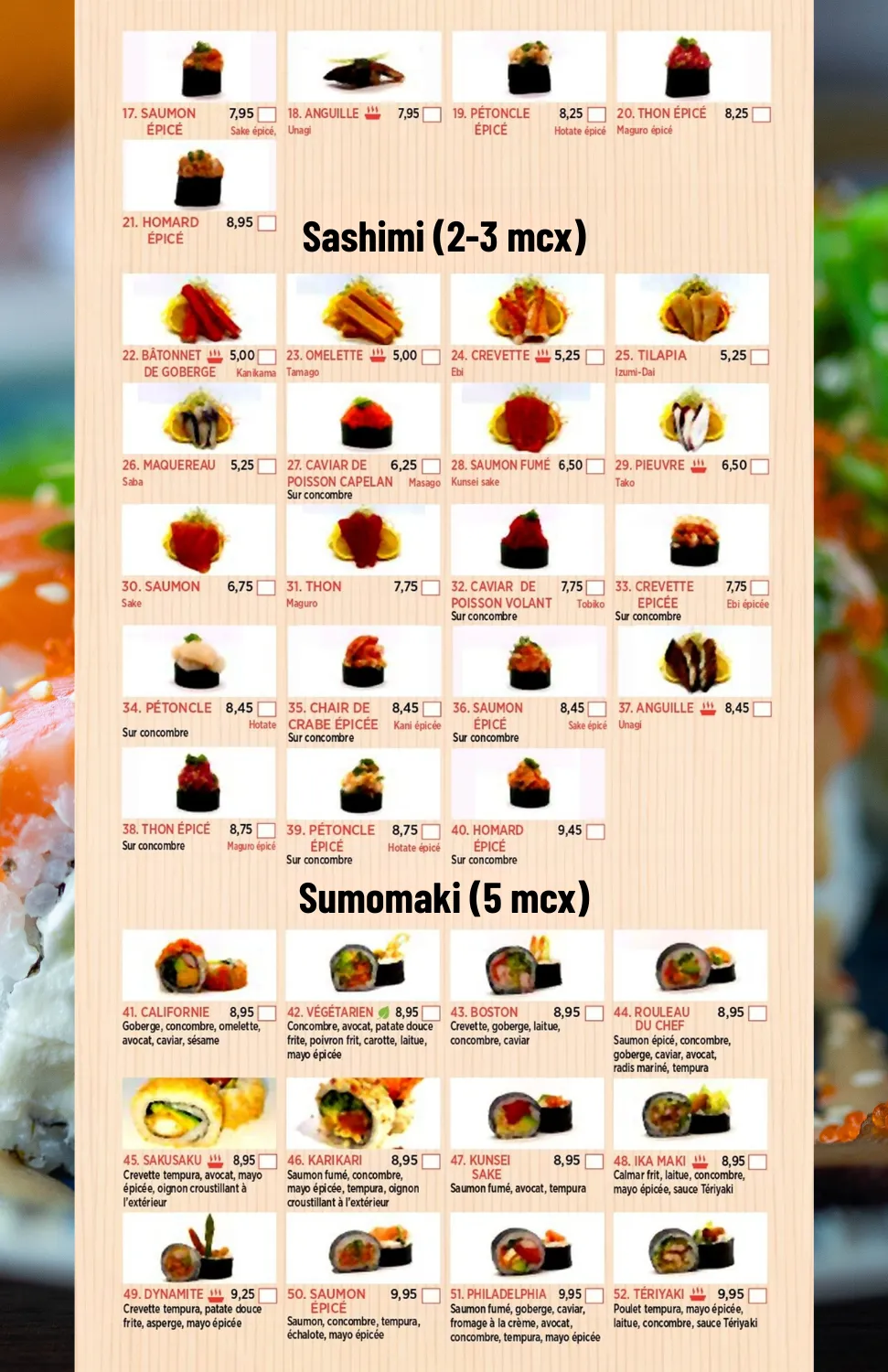 Menu de sushis Mitosumo — deuxième page