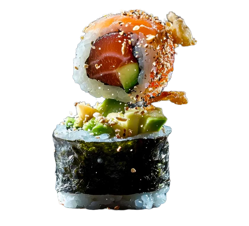 Deux rouleaux de sushi garnis de saumon et avocat, Mitosumo