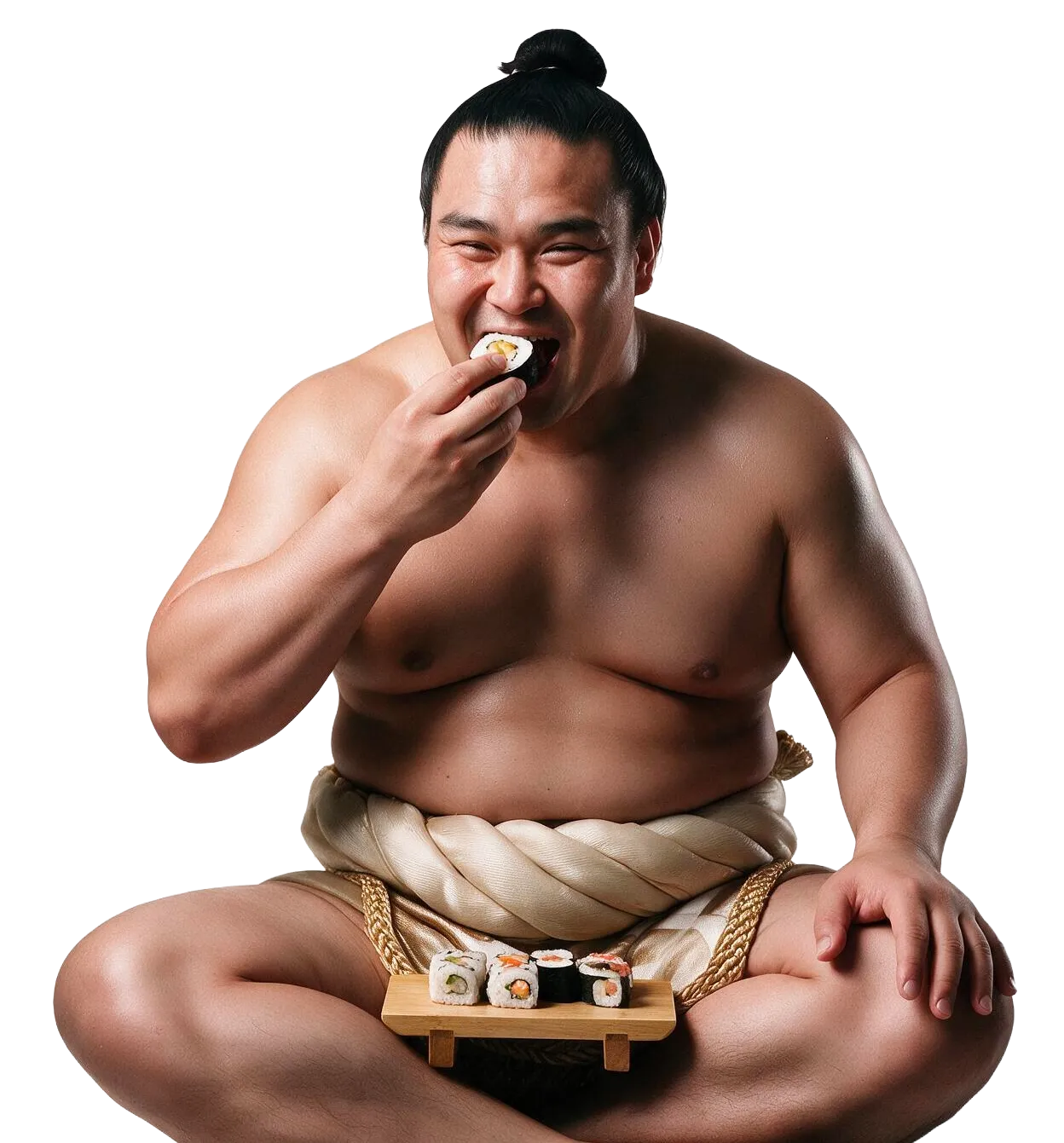 Personnage sumo savourant des sushis, visuel de Mitosumo