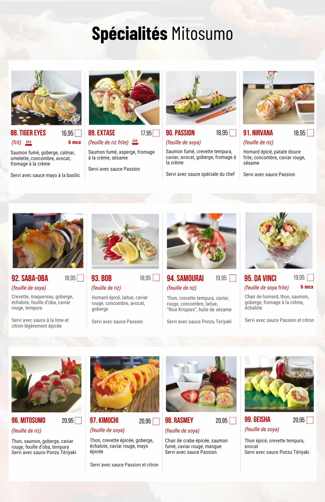 Menu des spécialités Mitosumo à Mirabel — première page