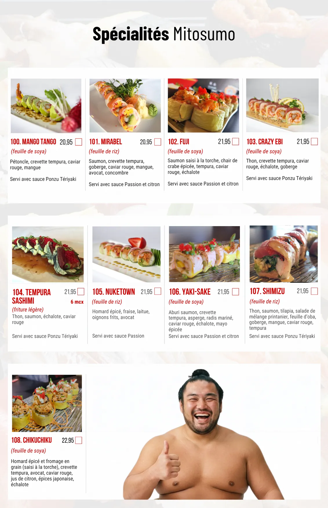 Menu des spécialités Mitosumo à Mirabel — deuxième page